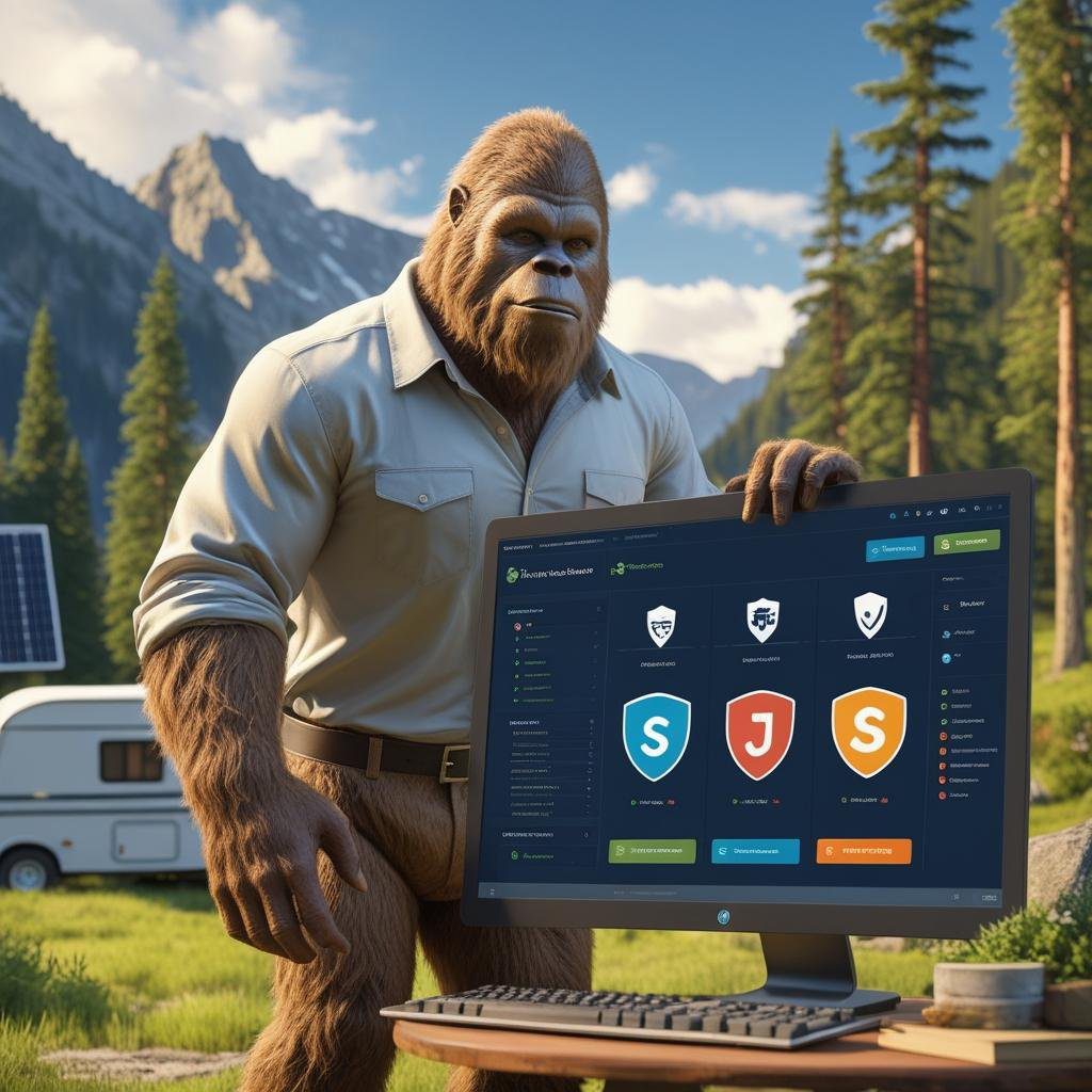 Bigfoot figure seated at a rustic workstation, managing shared hosting tools in a forest setting.