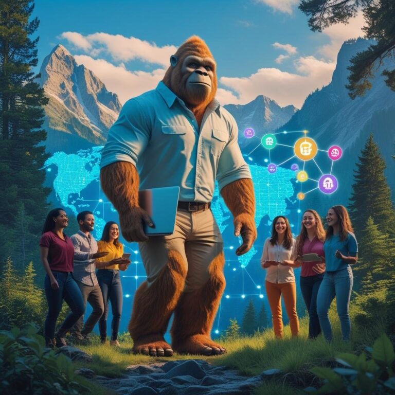 Bigfoot holding a laptop in a forest, surrounded by people and digital icons representing SEO and connectivity
