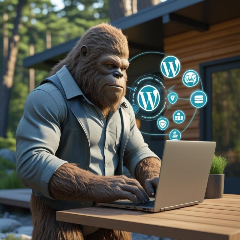 Bigfoot character working on a laptop outdoors, surrounded by WordPress icons and a forest cabin backdrop.
