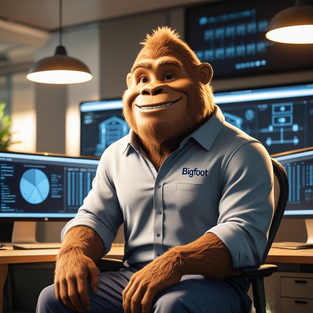 Bigfoot in a light blue button-up shirt seated in a modern office, surrounded by computer monitors displaying data charts.