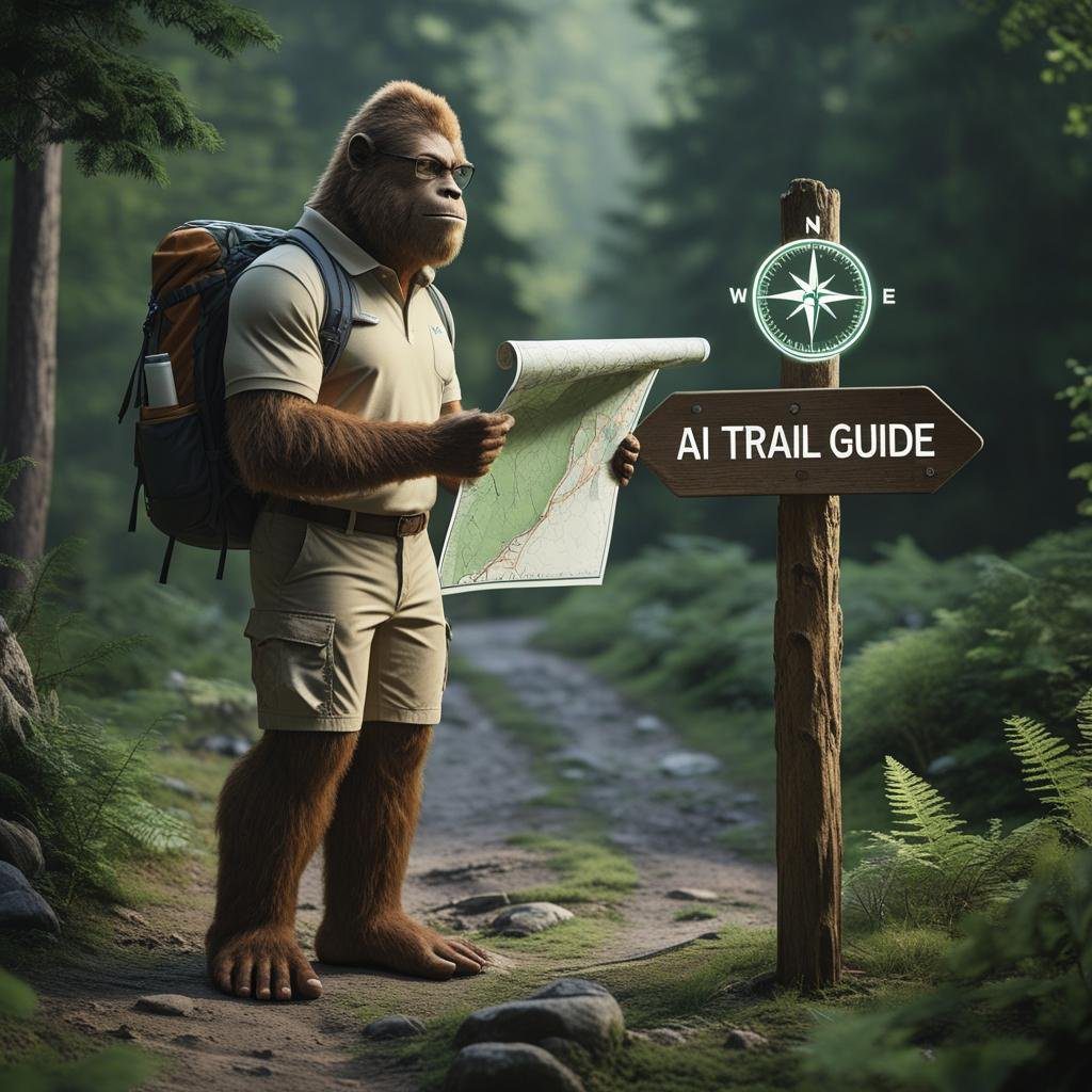 Furry humanoid figure holding a map beside a wooden signpost labeled “AI Trail Guide” in a forest setting