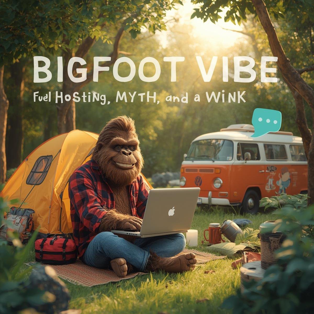 Bigfoot in a red plaid shirt using a laptop at a forest campsite, seated on a log in front of a yellow tent and vintage VW camper van.