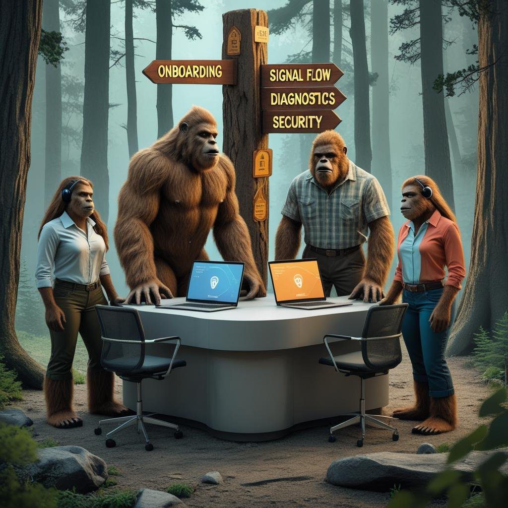 Four Bigfoot figures in business attire conduct a tech support meeting in a forest, representing Bigfoot Hosting’s mythic support personas.
