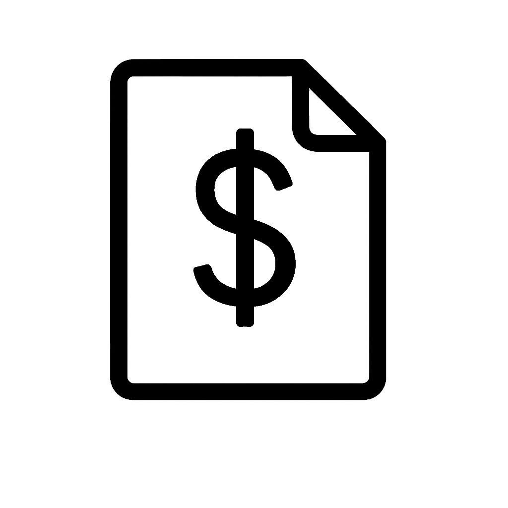 Black and white icon of a dollar sign, representing hosting plans and billing support.