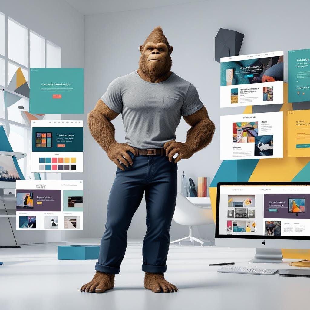 Bigfoot character in a modern office surrounded by floating website templates, color palettes, and design layouts—symbolizing professional web design services.