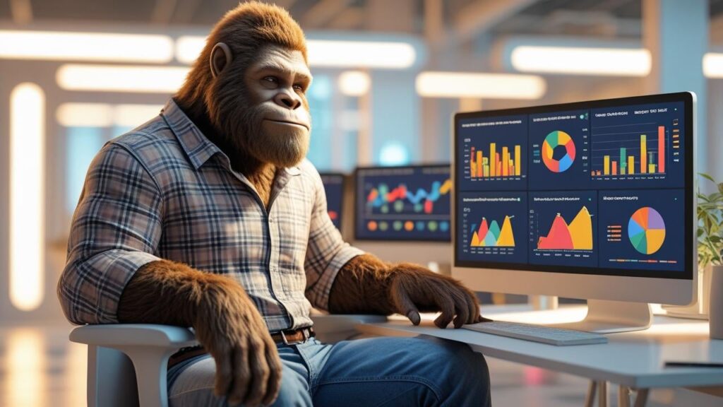 Bigfoot in a plaid shirt sitting at a desk with dual monitors displaying colorful charts and graphs, symbolizing SEO strategy and data analysis.