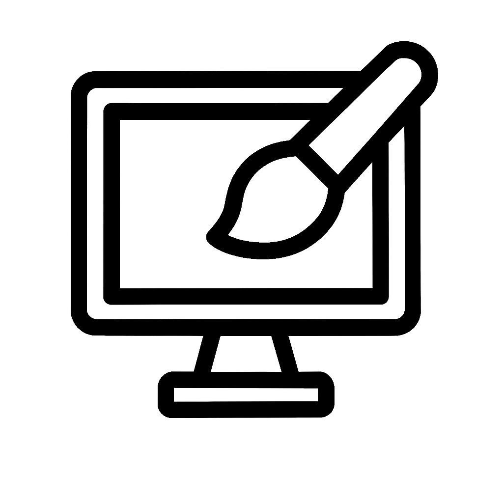 Black and white icon of a computer monitor with a paintbrush overlay, representing digital design and creative layout work.