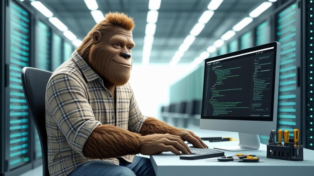 A bigfoot with furry arms in a plaid shirt working on a computer in a server room, surrounded by illuminated server racks and tools.
