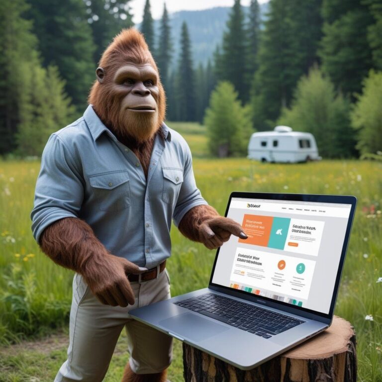 Bigfoot seated in a forest with a laptop on a tree stump, surrounded by people and visual design elements like grids, color swatches, and wireframes