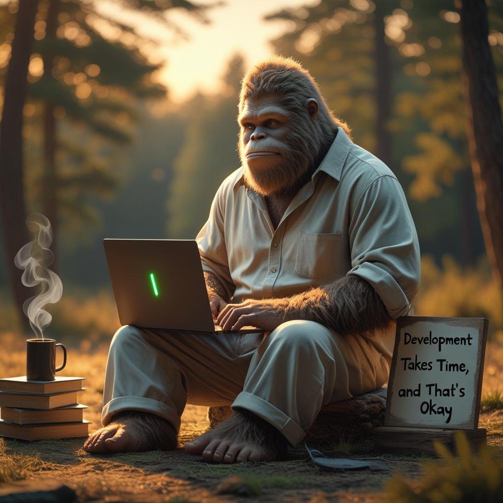 Bigfoot using a laptop in a forest, surrounded by books and coffee, with a sign that reads “Development Takes Time, and That’s Okay.”
