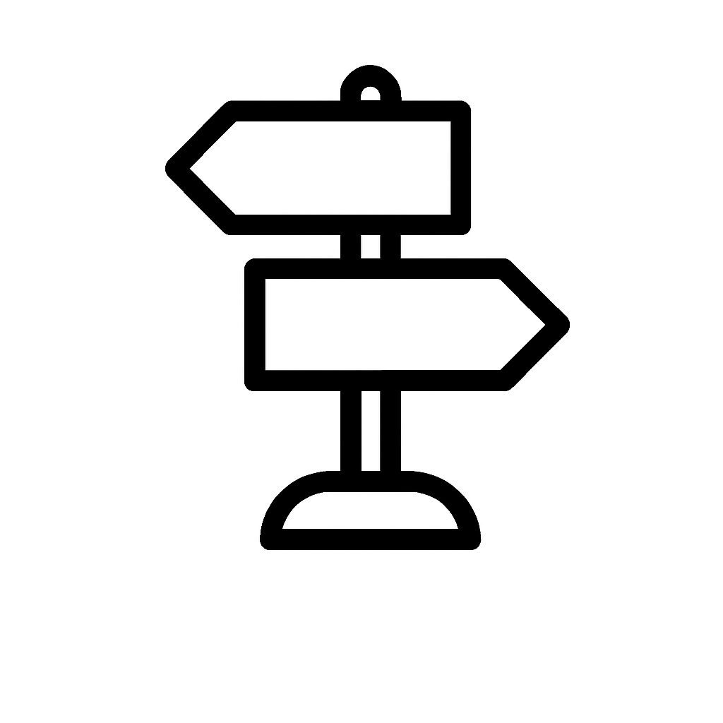 Black and white icon of a signpost with two arrows pointing left and right, symbolizing guidance and starting points.