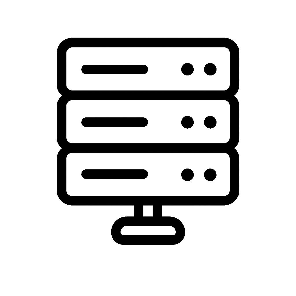 Black and white icon of stacked server racks, representing hosting infrastructure and technical support.