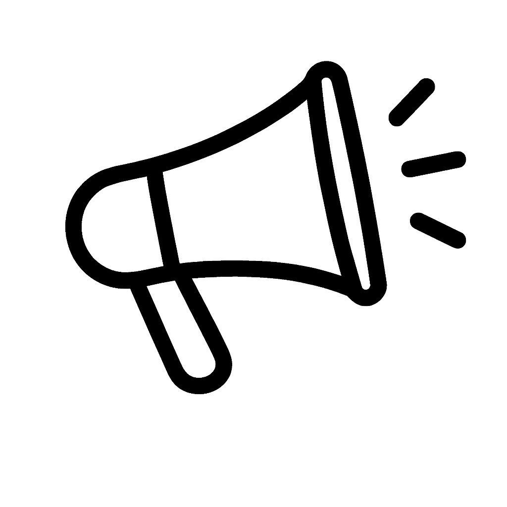 Black and white icon of a megaphone with sound waves, representing marketing, advertising, and promotional outreach.