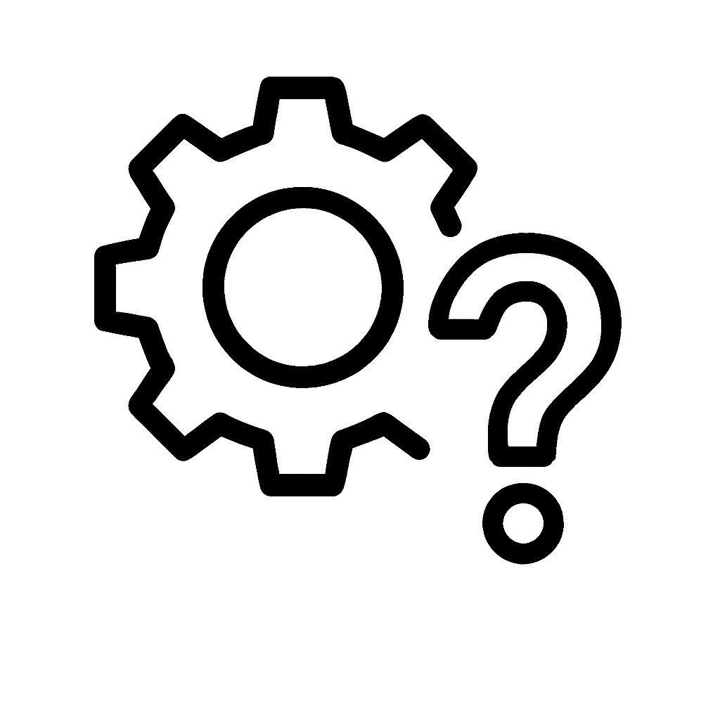 Black and white icon showing a gear and a question mark, symbolizing technical troubleshooting and help desk support.