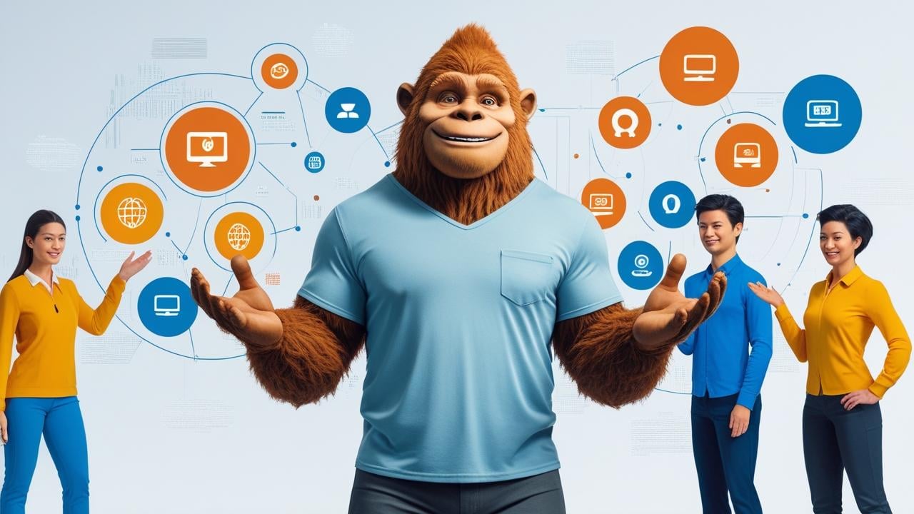 Large Bigfoot figure in a light blue shirt standing among professionals, surrounded by digital icons representing online tools and connectivity.