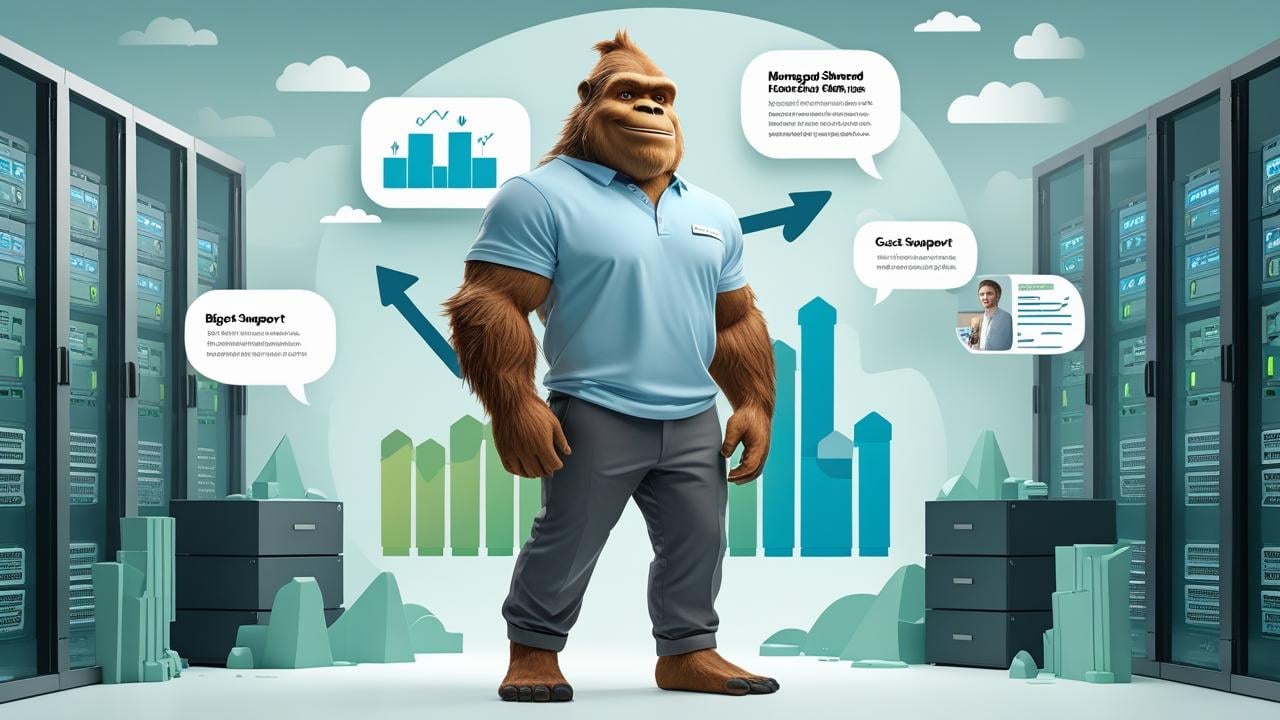 Bigfoot character in a server room wearing a polo shirt, surrounded by support and hosting feature callouts like “Best-in-class support” and “Boosted server capabilities.”
