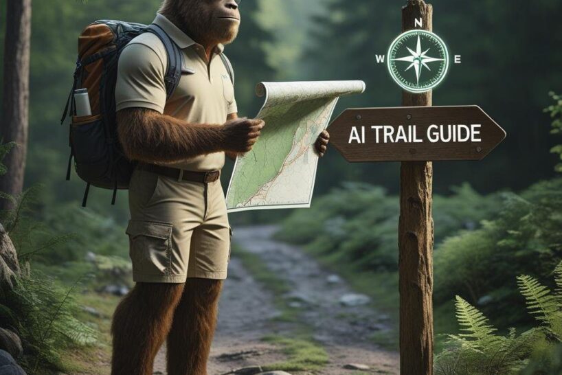 Furry humanoid figure holding a map beside a wooden signpost labeled “AI Trail Guide” in a forest setting