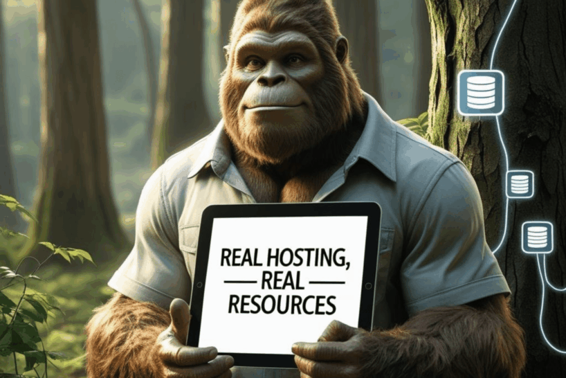 Humanoid cryptid figure in a forest holding a tablet that reads “REAL HOSTING, REAL RESOURCES,” with server icons on a tree representing reliable infrastructure.