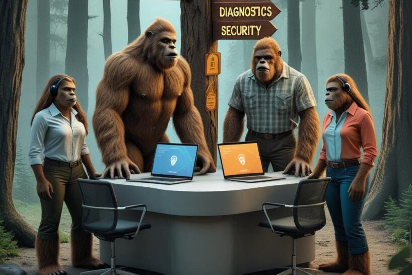 Four Bigfoot figures in business attire conduct a tech support meeting in a forest, representing Bigfoot Hosting’s mythic support personas.