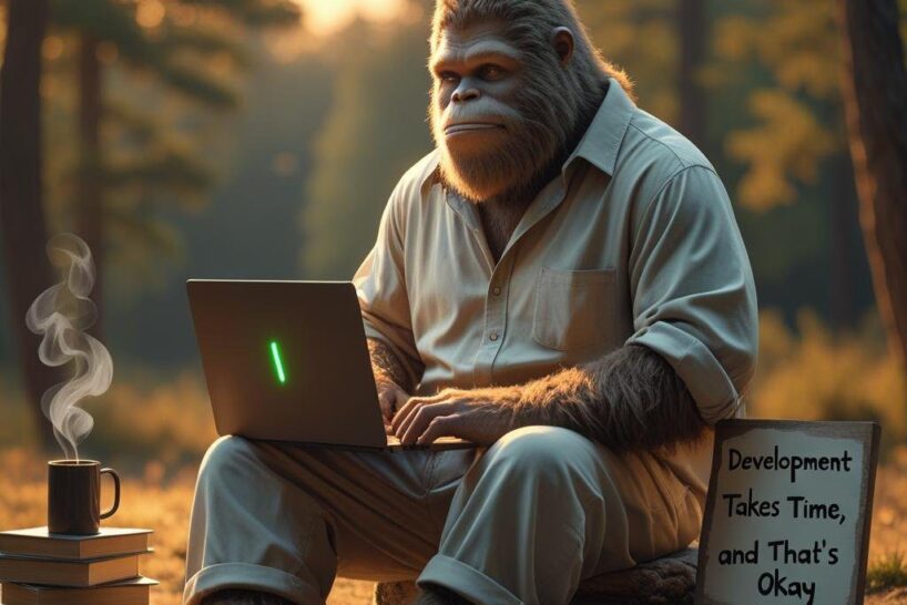 Bigfoot using a laptop in a forest, surrounded by books and coffee, with a sign that reads “Development Takes Time, and That’s Okay.”